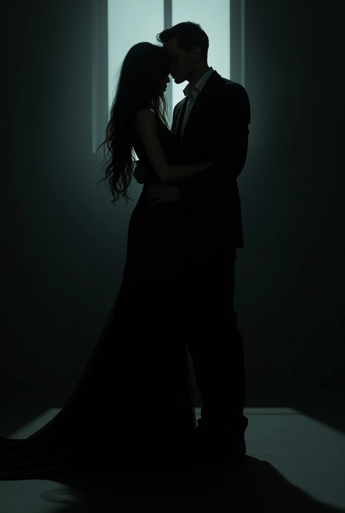 Shadow of silhouettes of man in black suit and woman with long straight hair in long black dress , you can't see their faces, in a dark room, hugging