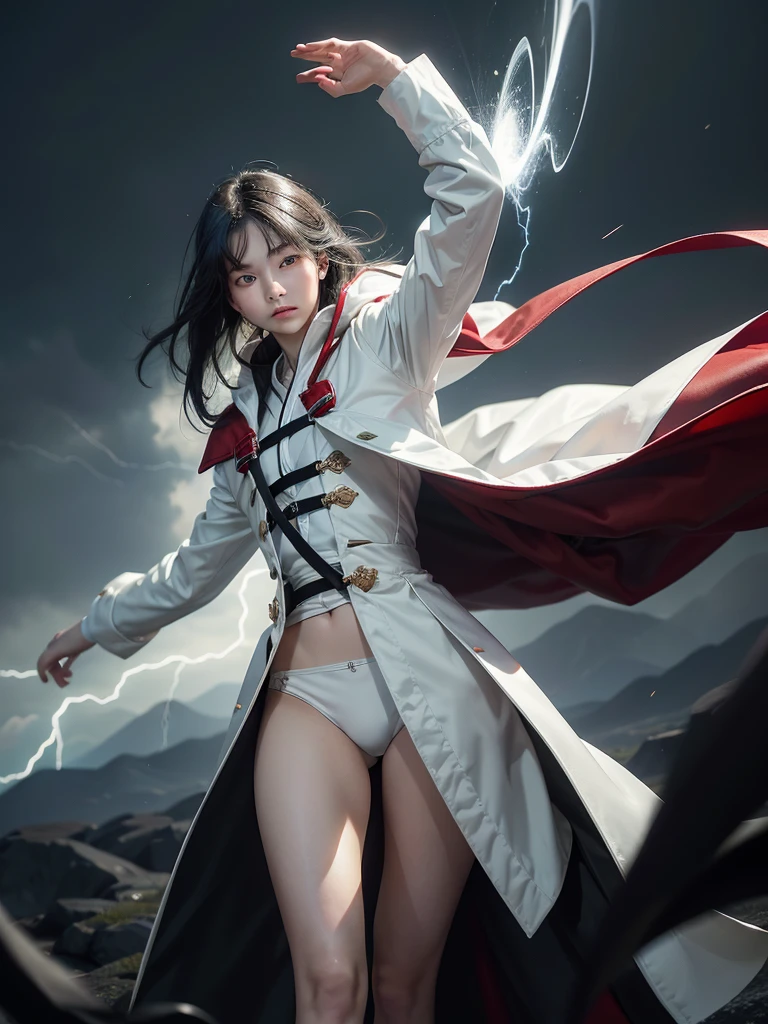 (Absurd, High resolution), 16K, (Panorama), Japanese 18 years old, 1 person, strict, Dark green eyes, Open your arms, Short right swept dandy black hair, White coat, White underwear, Very detailed, lightning, magic, magic Array, Exaggerated light, Shine, magic, floating, evening, good looking、Wearing a red cloak