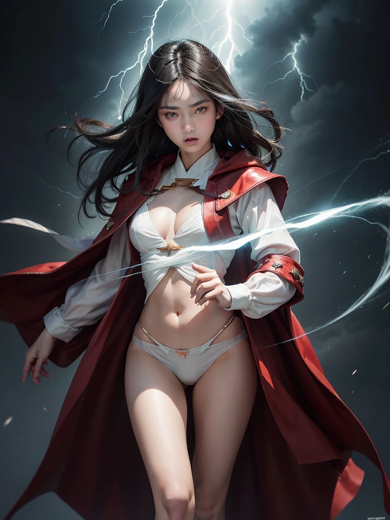 (Absurd, High resolution), 16K, (Panorama), Japanese 18 years old, 1 person, strict, Dark green eyes, Open your arms, Short right swept dandy black hair, White coat, White underwear, Very detailed, lightning, magic, magic Array, Exaggerated light, Shine, magic, floating, evening, good looking、Wearing a red cloak