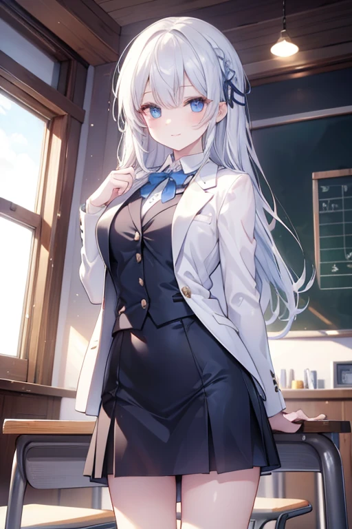 origamitobiichi, origami tobiichi, blue eyes, long hair, , white hair, hair clips, hair pins,
BREAK , white shirt, collared shirt, blazer, black blazer, long sleeves, skirt, blue skirt, kneehighs,
BREAK looking at viewer,
BREAK indoors, classroom,
BREAK (masterpiece:1.2), best quality, high resolution, unity 8k wallpaper, (illustration:0.8), (beautiful detailed eyes:1.6), extremely detailed face, perfect lighting, extremely detailed CG, (perfect hands, perfect anatomy), smile