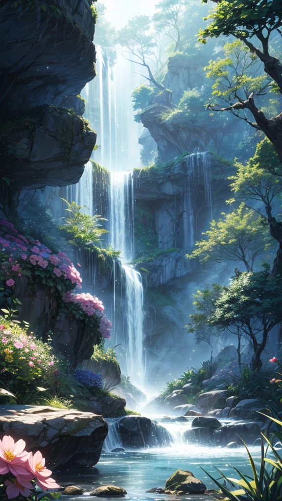 Viral anime nature wallpaper in 4K quality, in the style of illustration inspired by Studio Ghibli, depicting a hidden waterfall surrounded by lush greenery, delicate flowers blooming around, and small woodland creatures playing near the water; soft and pastel color temperature, cosmos lighting with stars twinkling in the sky, no human characters, the atmosphere is magical and calming –v 5 –stylize 1000