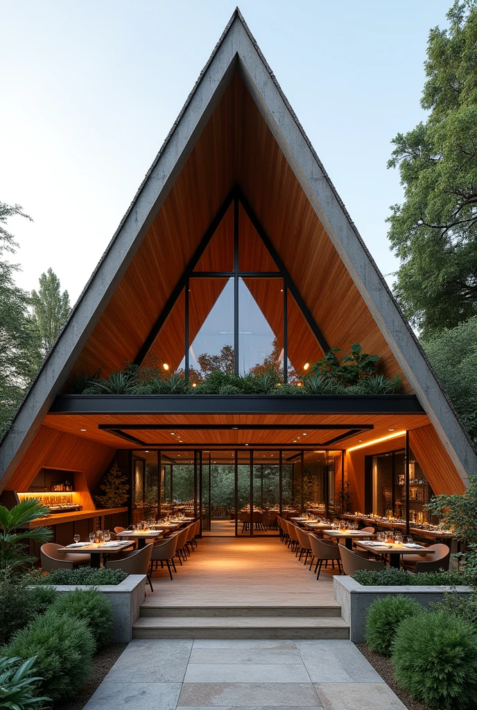 Remembering what I told you, Show me the terrace and bathrooms of the Italian restaurant we created , Remember that it is made of reinforced concrete and its roof surface is made of hardwood and clay tiles.. I want a beautiful terrace, Cozy but eco-friendly, The surface shape of its roof is triangular.