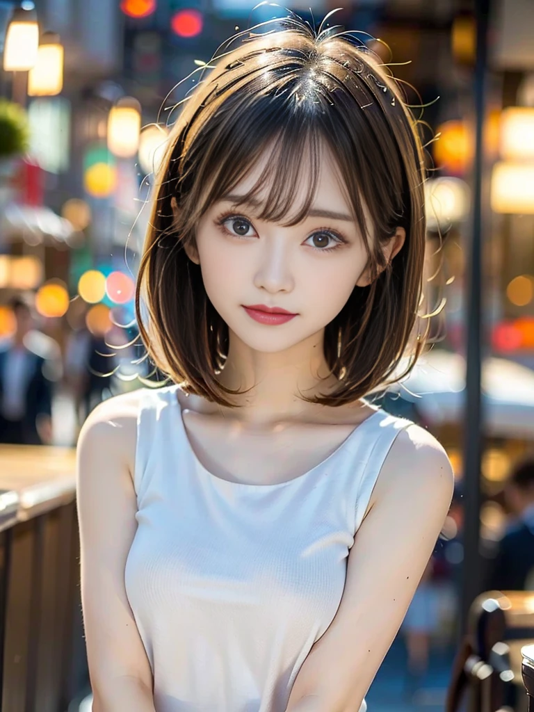 Perfect Anatomy,Bronze Hair,Thin legs,Beautiful legs,Beautiful beauty,Alone on the beach,White vest,Expose your shoulders,((Tabletop)),(Realistically:1.2),最high quality,high quality,Absurd,8K Photo,Realistically,Portrait,,Great art,最high quality, Very detailed,Beautiful details,20-year-old、Blonde beauty、BlondeJapanese、