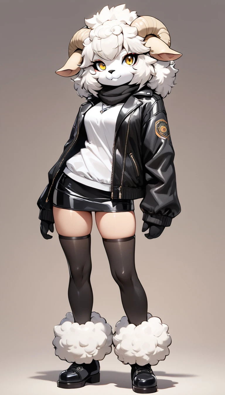 (masterpiece, best quality:1.2), 1 girl, solo, full body, (anthropomorphic Sheep, furry, kemono:1.2), Black Leather made from lambskin Jacket and mini skirt, stylish, simple background