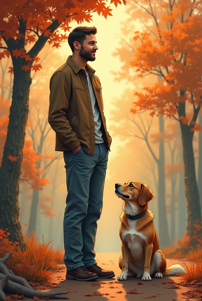 A calm and happy man standing, next to a sitting dog that is happy, with a cheerful background, that it is seen from afar and that it is a drawing, with a much more formal drawing style and a much more worked background, that it is like for the cover of a horror book, that looks like it was made by a person