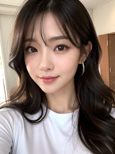 masterpiece、Highest quality、photorealistic、Ultra high definition、High resolution、16K wallpaper、Super detailed、Fine details、Cinema lighting、In a white room with a glass base、Selfie of one woman, Highly detailed face and skin texture、Natural Makeup、A small smile、Detailed eyes、Symmetrical black eyes、Inward-curling wavy layered medium hair、High quality white tight t-shirt、Gorgeous girl, Japanese Gravure Idol