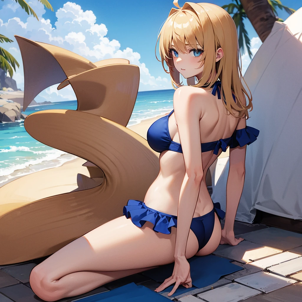 arturia woman in blue bikini back