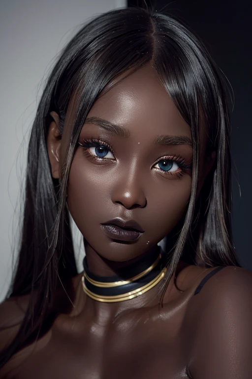 best quality, masterpiece, highres, (detailed:1.4), 1 girl, blonde hair, (dark skin:1.8), extremally thin eyebrows , thick bluish eyeshadow, thick black eyeliner, Highlighted eyes with eyeliner, false eyelashes, thick lips, face waiting for kiss