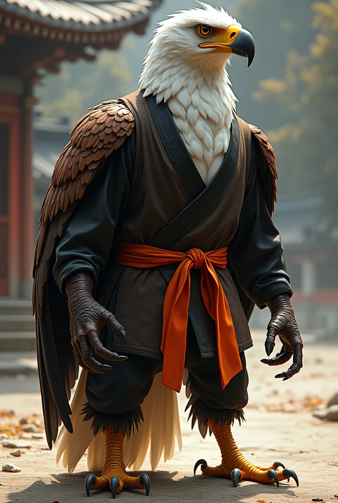 Eagle wears a black martial arts uniform with an orange belt