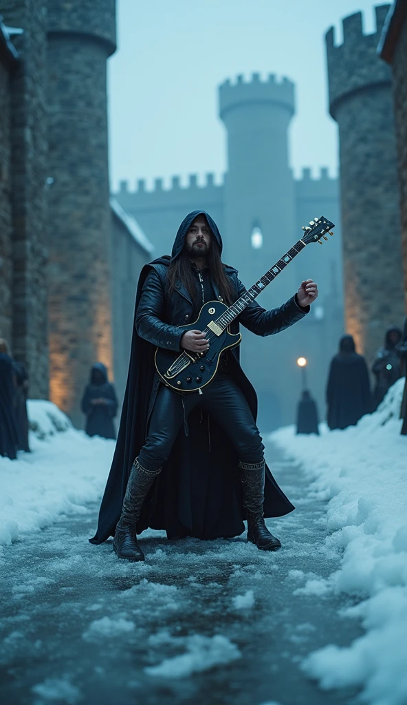 a rock band performance in a medieval setting on ice, medieval castle, blurred motion, dark moody lighting, heavy metal, dramatic poses, cinematic framing, (best quality,4k,8k,highres,masterpiece:1.2),ultra-detailed,(realistic,photorealistic,photo-realistic:1.37),HDR,UHD,studio lighting,vivid colors