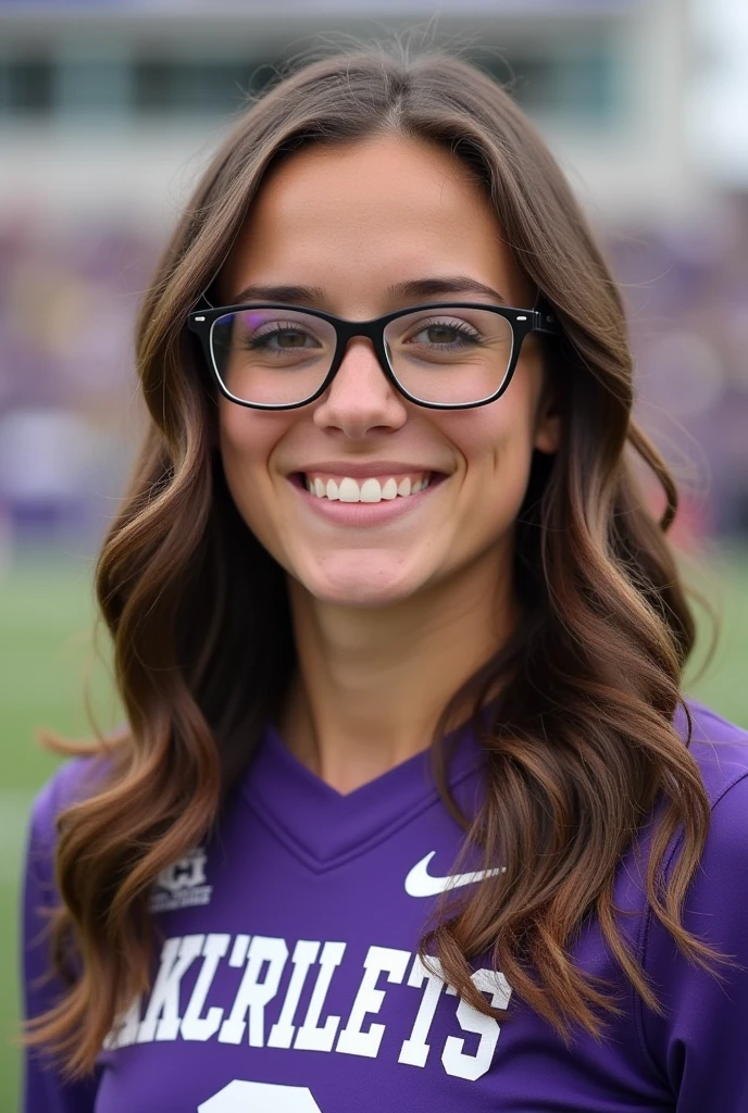 A photo of Emily Goldsmith, a kicker for the female TCU Horned Frogs football team. Number 8. Brown wavy hair and glasses