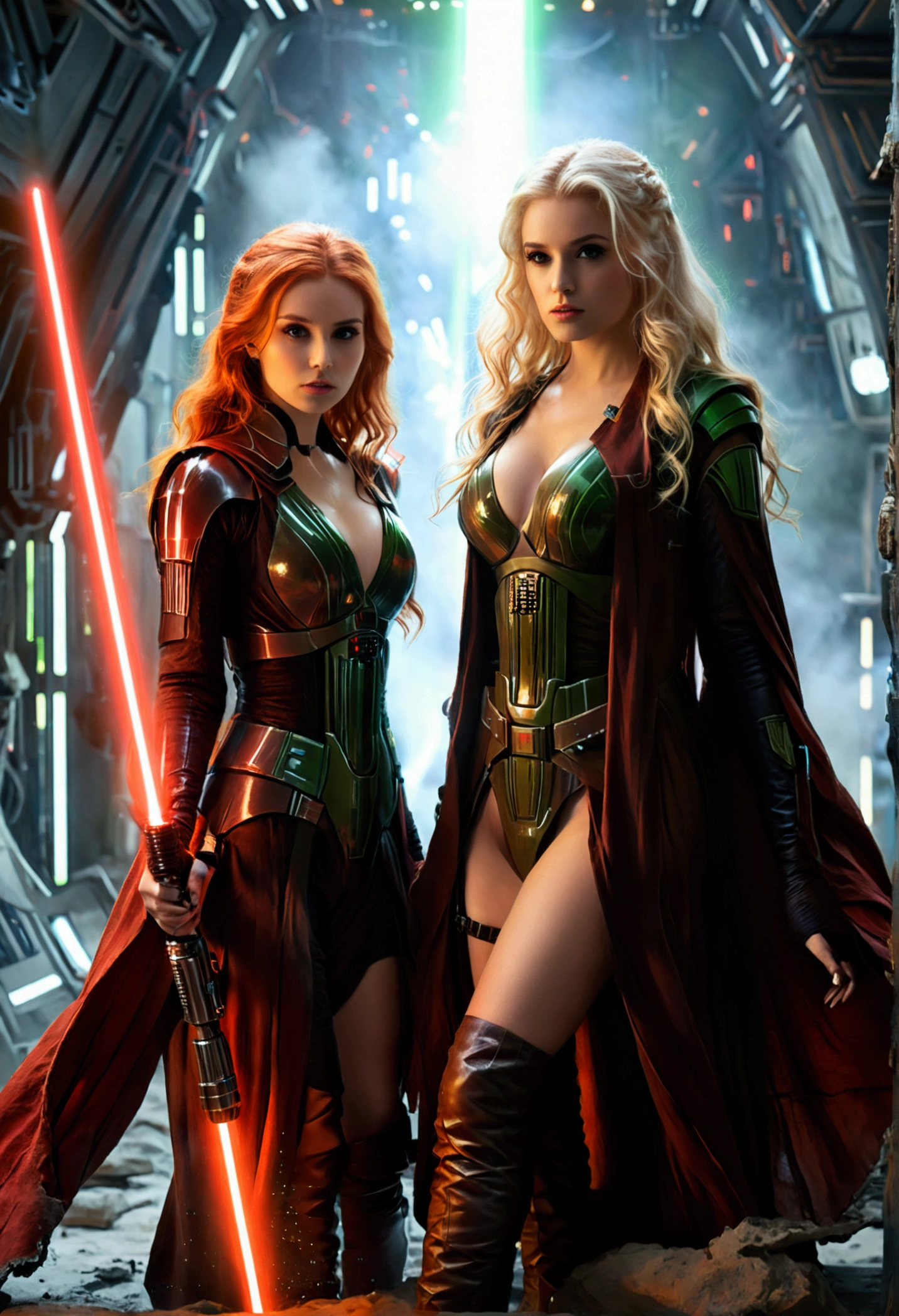 (full body shot:1) photorealistic image of two (walking pose:1) women, ultrarealistic, photography, one with long red hair, (woman, 24 years old, hourglass figure, perfect body, seductive look, natural medium breasts, blur background, in complete darkness, she is wearing a sith robe, she is holding a red lightsaber), the lightsaber is the only lightsource, on a dark destroyed spacestation, explosion in the background, long sexy legs, the other girl has platinum blonde long hair, (30 years old, curvy figure, she is wearing a jedi robe, green lightsaber, natural big breasts), they are walking towards the camera, dynamic shot, action shot