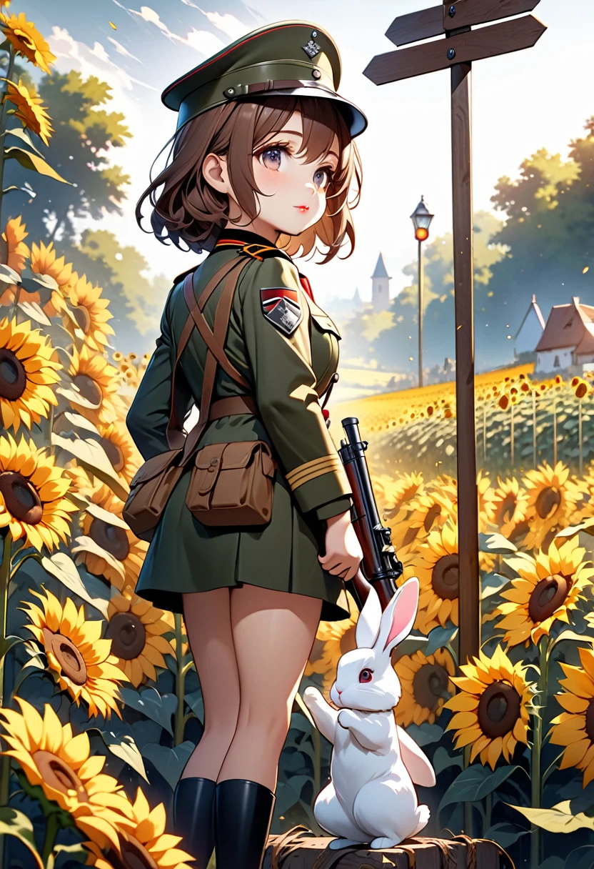Super Chibi Style Girl, messy brown hair, beautiful detailed eyes, beautiful detailed lips, extremely detailed face and features, wearing an old German military helmet and uniform, holding a detailed rifle, standing in a sunflower field, looking at a tall signpost at a crossroads, The girl is looking at the signpost,A white rabbit is looking at a signpost with a girl, Side shot,highly detailed, masterpiece, best quality, 4k, 8k, ultra-fine painting, CG animation illustration, vivid colors, dramatic lighting, cinematic composition