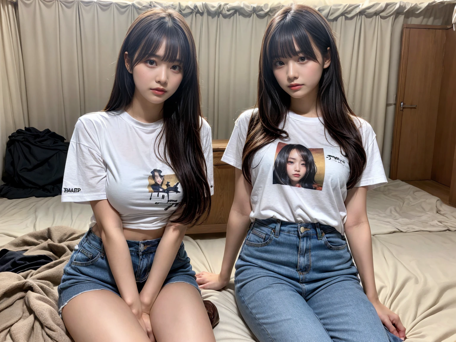 masterpiece, best quality, illustration, Super detailed, fine details, High resolution, 8K,wall paper, perfect dynamic composition,(Details High quality, realistic depiction of eyes:1.3), (2 girls), Tattered clothes, (The collapsed room), (Inside the barrack tent), (wearing a tattered and dirty t-shirt.:1.1), Wearing baggy pants, dirty body, (Messy long hair), black hair color, Big Natural Color Lip,  crying a little、Harajuku style、20 year old girl、cute type、ta, Gravure Idol, full body photo、focus on crotch, huge breasts