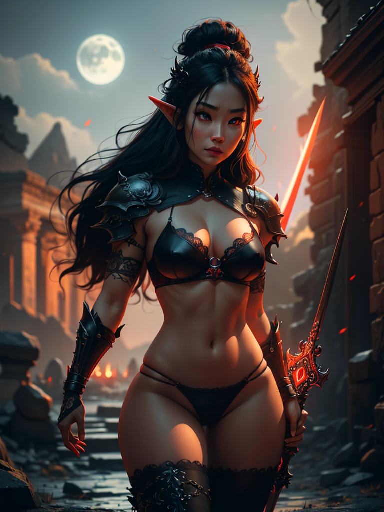 a beautiful busty Asian elf woman with ram horns, glowing eyes, and a demon tail, wearing a black and red bikini armor in ancient ruins at night under a full moon, large sword, black tattoo, boots, (best quality,4k,8k,highres,masterpiece:1.2),ultra-detailed,(realistic,photorealistic,photo-realistic:1.37),dark fantasy,cinematic lighting,dramatic atmosphere,vibrant colors,intricate details