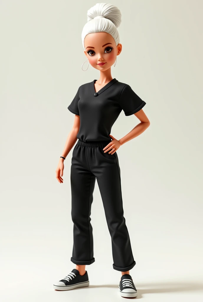 Cartoon Barbie with white hair ,hairstyle a bun,brown eyes dressed in black medical pajamas black tennis shoes