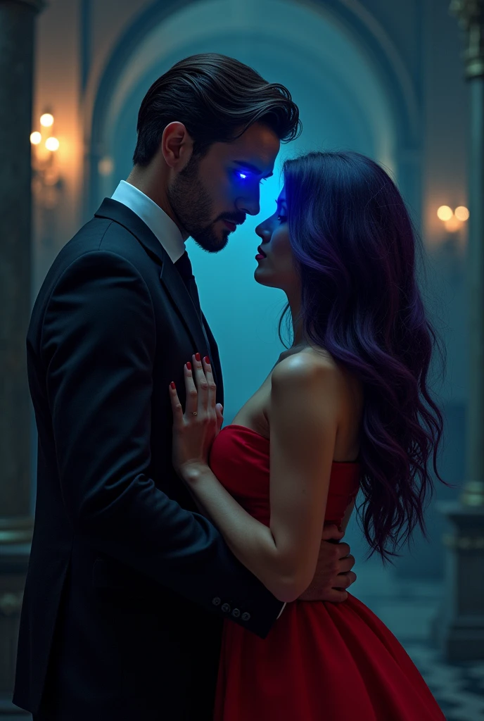 A ( handsome man , black suit , Magical glowing blue eyes he is using his Hypnotic eyes on a beautiful girl who is sitting on a chair tied up with ropes she is looking into man beautiful blue glowing eyes, She Is wearing red colour beautiful,hot and sexy dress,she has long black purple hair , background is off a beautiful mansion but dark ( Full image)
( The man hold her hands,the girl start walking towards him