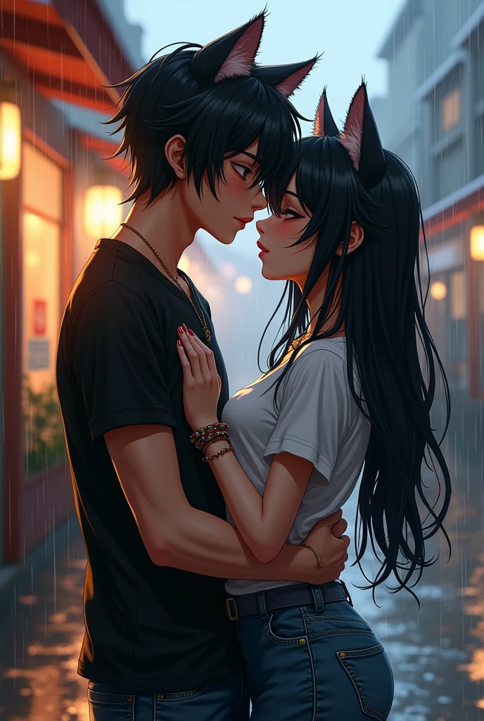  1cat boy,  1cat girl, belt, black hair, bracelet, closed eyes, clothes writing, couple, denim, hetero, hug, jeans, jewelry, long hair, necklace, pants, rain, realistic, shirt, sunglasses, t-shirt