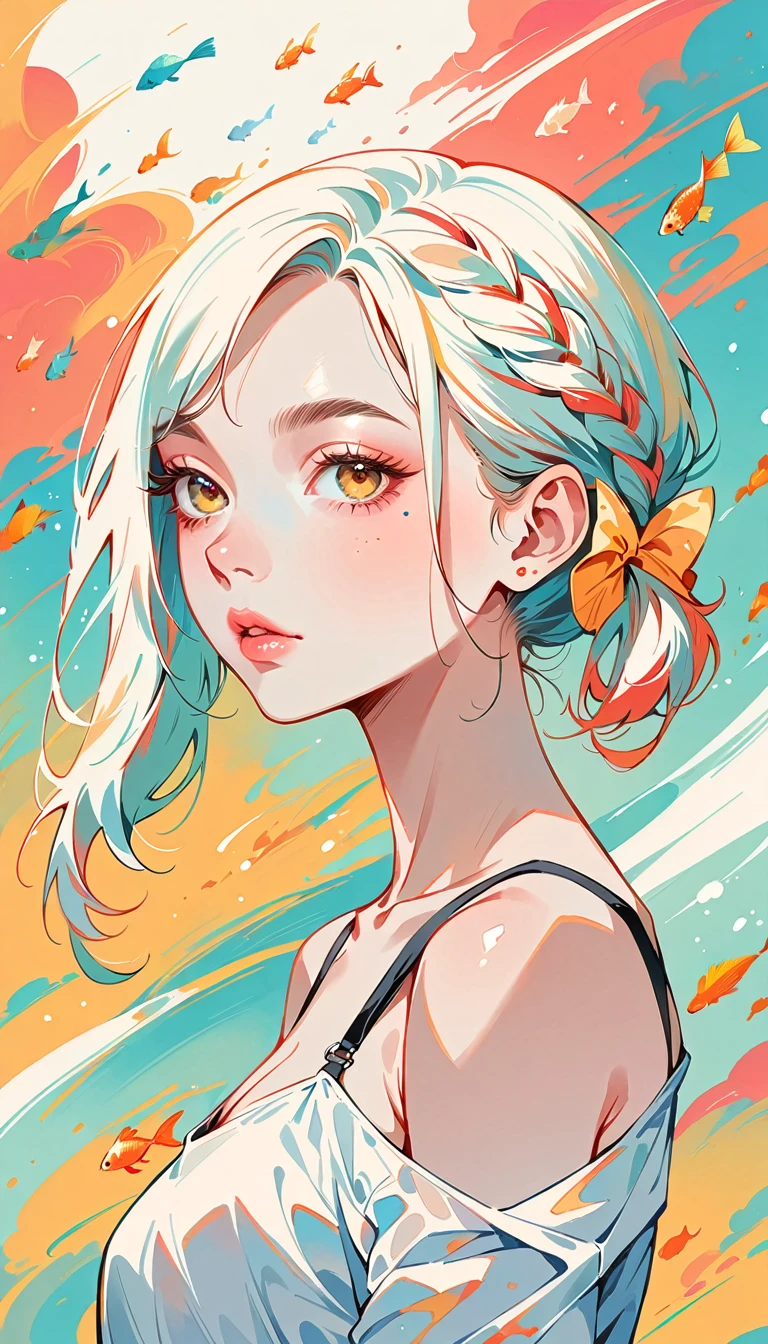 (masterpiece, Highest quality:1.4), 1 girl, 20-year-old women, solo, Anime Style, Upper Body, Neon Hair, Braid, Asymmetrical bob hairstyles, Long bangs on one side, Color Highlights, A lot of goldfish, Red, blue and yellow goldfish, Minimalism, Abstract art, Magnificent cosmic background.