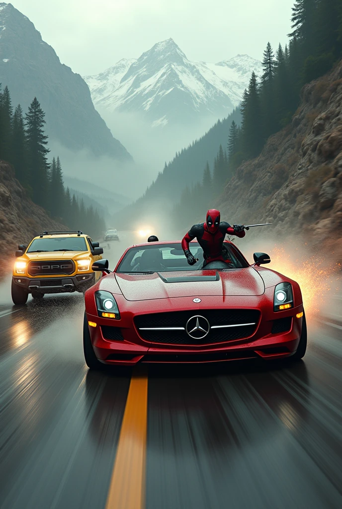 Deadpool and wolverine driving on the highway