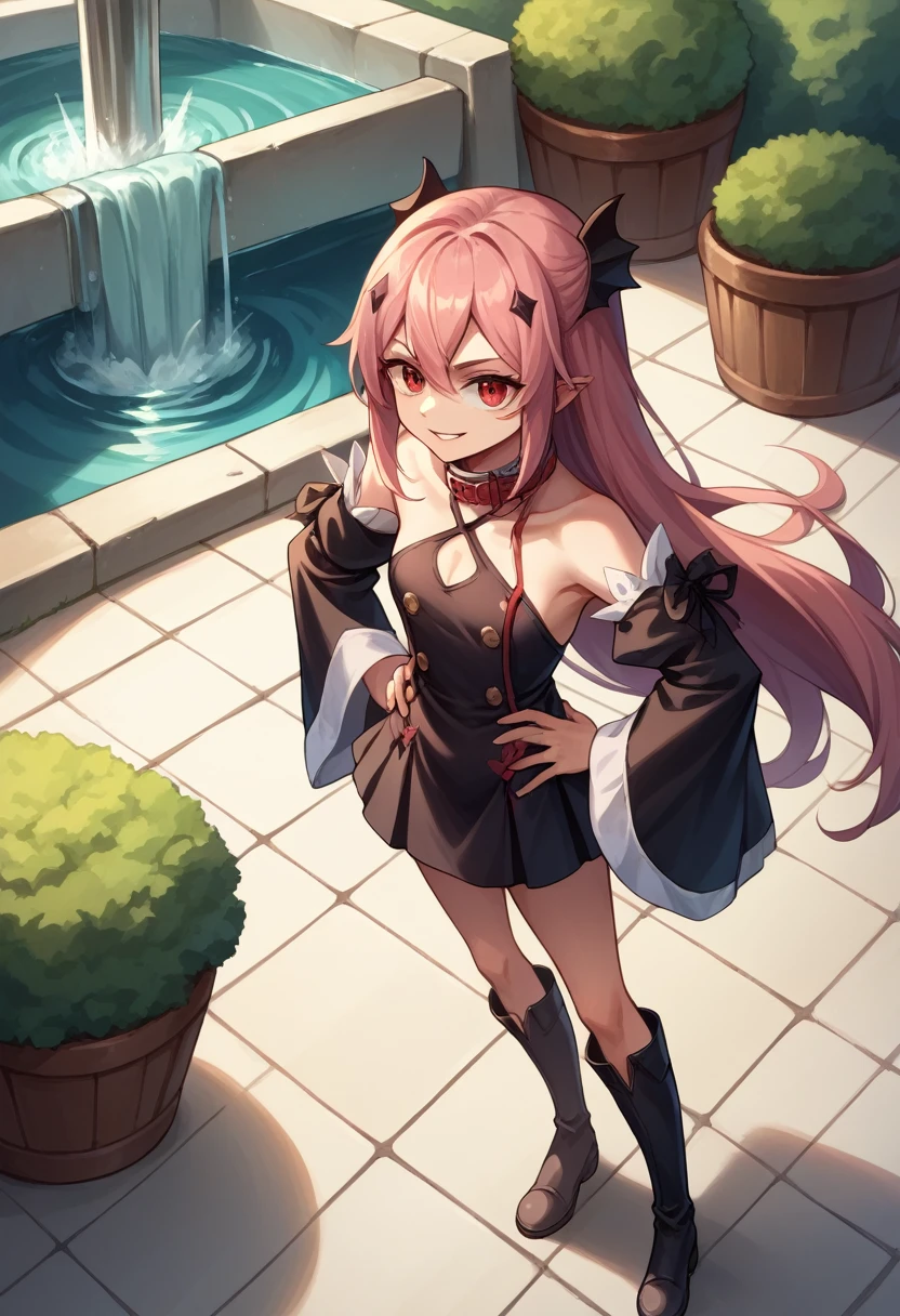 punctuation_9, punctuation_8_High above, fountain_アニメ, 1 girl, standing alone, KrulTepes, long hair, two side High above, hair ornament, highlighted collar, Red loop, black gown, bared shoulders, volantes, detached sleeves, thigh boots, plein-air, hands on hips, pretentious smile, 