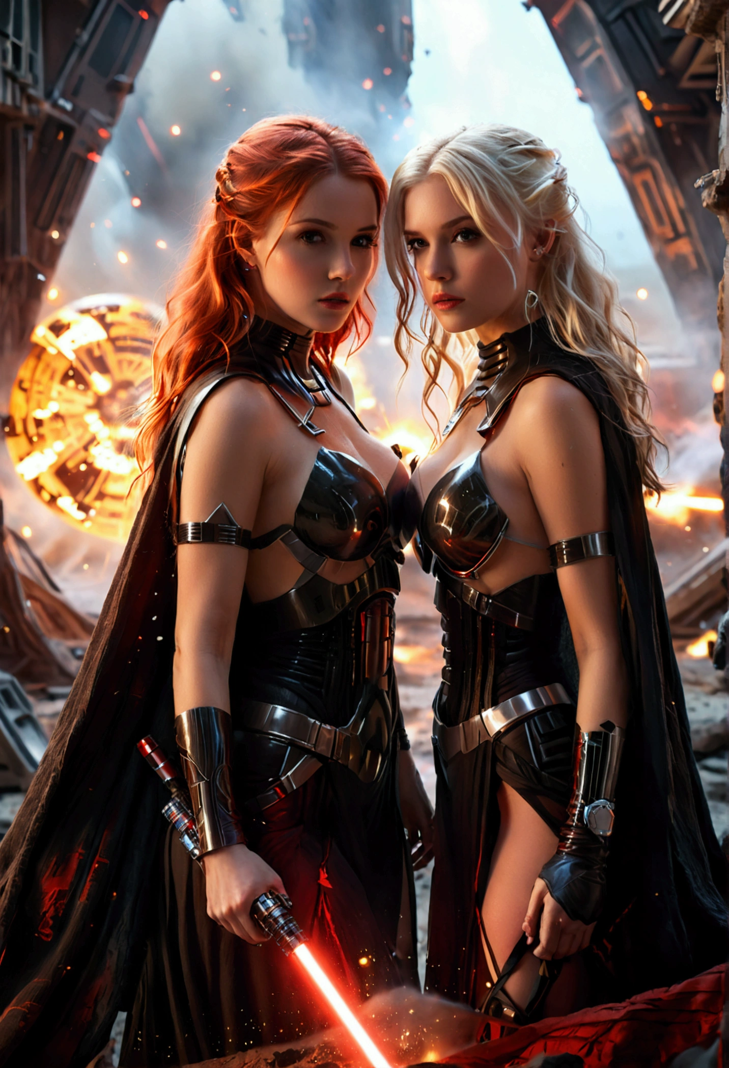 (full body shot:1) photorealistic image of two (walking pose:1) women, ultrarealistic, photography, one with long red hair, woman, 24 years old, hourglass figure, perfect body, seductive look, natural medium breasts, blur background, in complete darkness, she is wearing a sith robe, she is holding a red lightsaber, the lightsaber is the only lightsource, on a dark destroyed spacestation, explosion in the background, long sexy legs, the other girl has platinum blonde long hair, 30 years old, curvy figure, she is wearing a sith robe and is holding a red lightsaber, natural big breasts, they are walking towards the camera, dynamic shot, action shot
