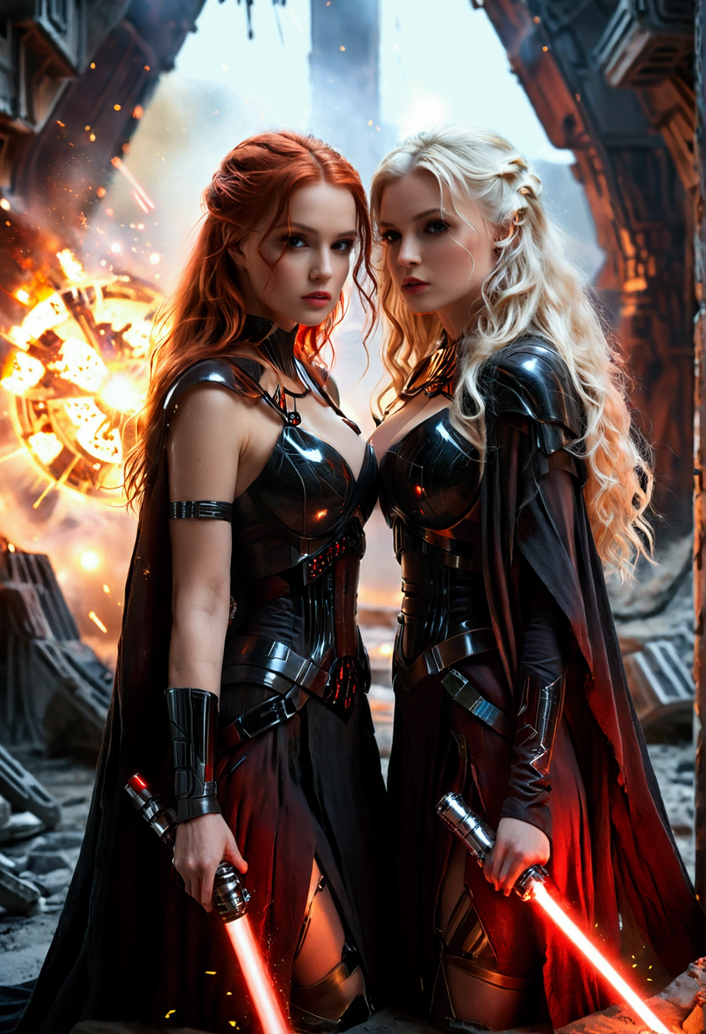 (full body shot:1) photorealistic image of two (walking pose:1) women, ultrarealistic, photography, one with long red hair, woman, 24 years old, hourglass figure, perfect body, seductive look, natural medium breasts, blur background, in complete darkness, she is wearing a sith robe, she is holding a red lightsaber, the lightsaber is the only lightsource, on a dark destroyed spacestation, explosion in the background, long sexy legs, the other girl has platinum blonde long hair, 30 years old, curvy figure, she is wearing a sith robe and is holding a red lightsaber, natural big breasts, they are walking towards the camera, dynamic shot, action shot