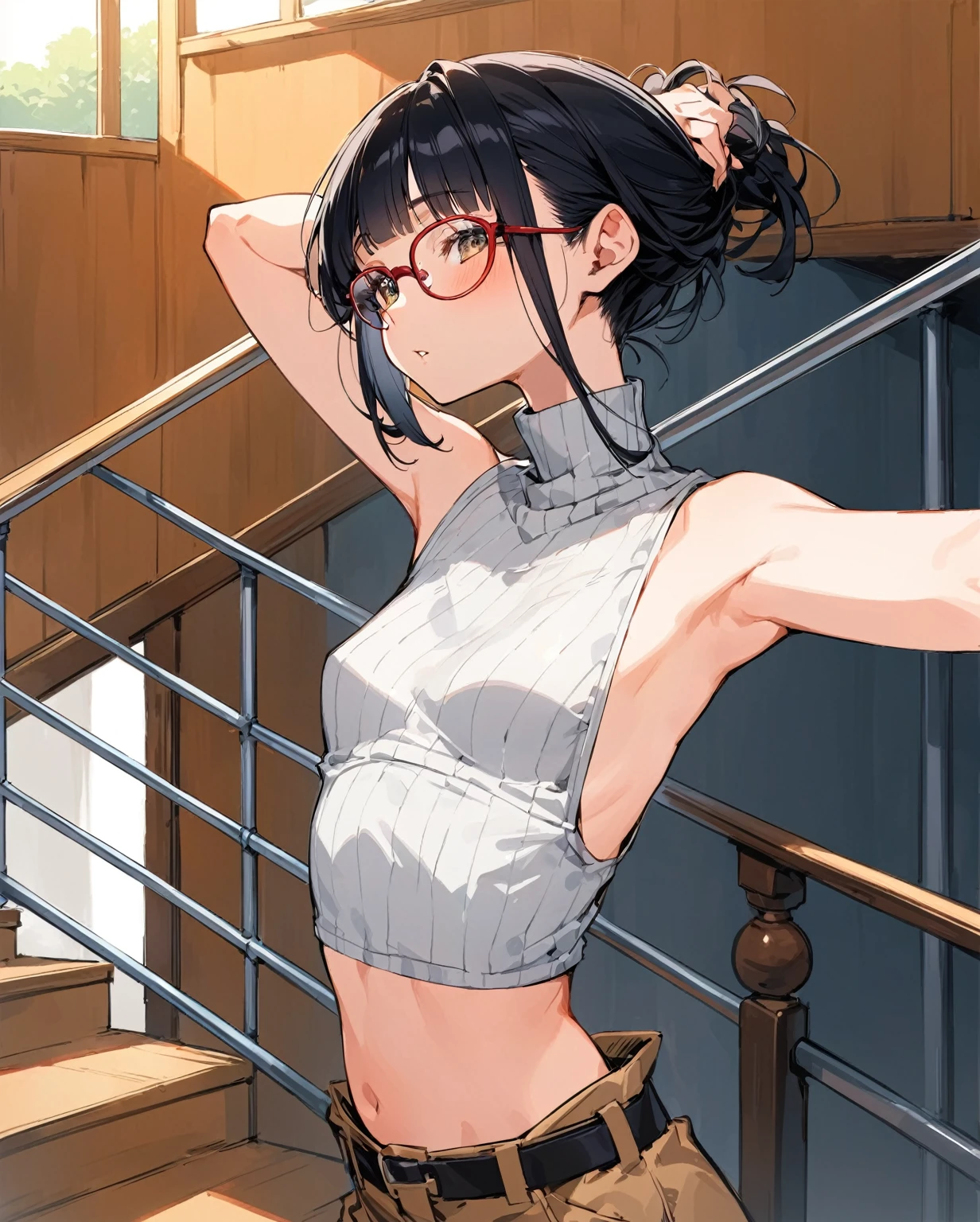 Revealing clothing,Focus on your audience,Naughty,The sides of the upper body are completely exposed,側面が完全に空いているデザインのSleeveless turtleneck,Exposed from the flank to the chest,Protruding ribs,Exposed waistline,Super low rise,Not wearing an inner layer、胸元が開いたデザインのSleeveless turtleneck,Exposed chest､Exposed flanks,sexy,Flat Chest,Focus on your audience,Very thin body,Anime Style,Slim figure,delicate,Glasses,Asian woman wearing a grey top posing on the stairs, Sleeveless turtleneck_Baggy, 脇が完全に開いているSleeveless turtleneck_Relaxed back design,rib cage,Side bust,Shoulders are wide open,sexyなWearing a crop top, Photo of slim girl model, Chiho, T-Top, shikamimi, Wearing a crop top, Real life anime girls, Kurohime cut hair, Chassis, 2 4-year-old female model