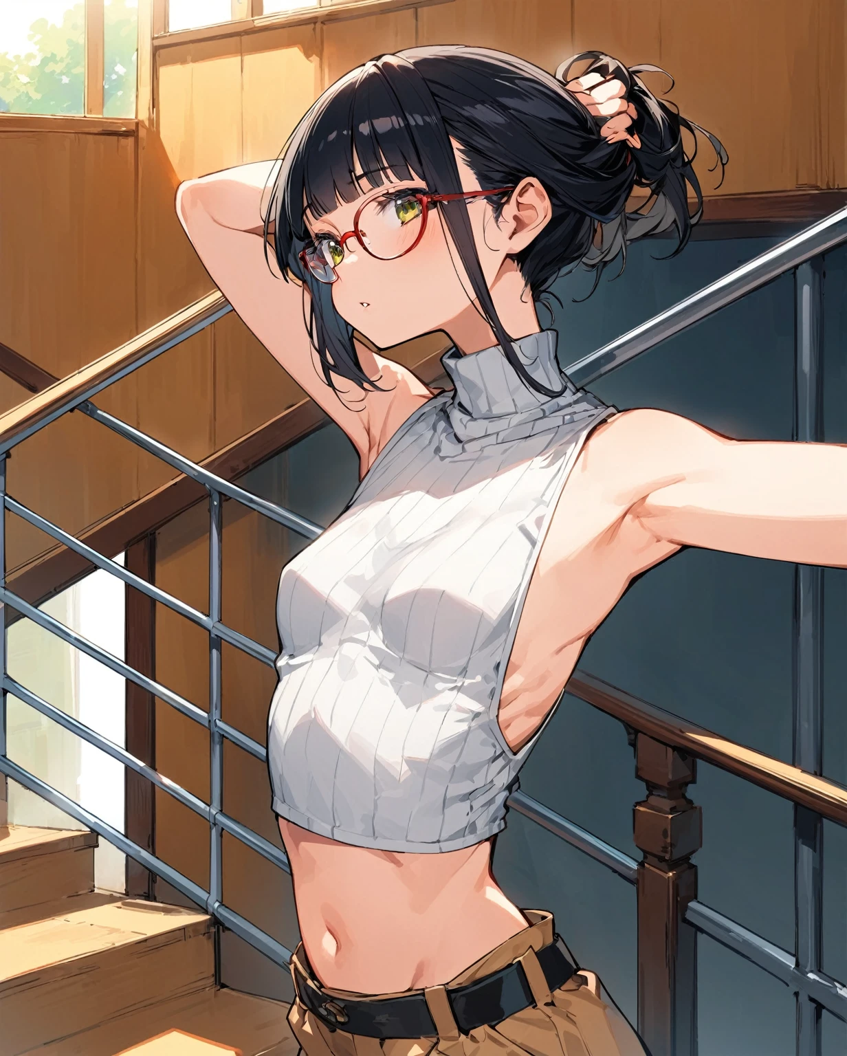 Revealing clothing,Focus on your audience,Naughty,The sides of the upper body are completely exposed,側面が完全に空いているデザインのSleeveless turtleneck,Exposed from the flank to the chest,Protruding ribs,Exposed waistline,Super low rise,Not wearing an inner layer、胸元が開いたデザインのSleeveless turtleneck,Exposed chest、Exposed flanks,sexy,Flat Chest,Focus on your audience,Very thin body,Anime Style,Slim figure,delicate,Glasses,Asian woman wearing a grey top posing on the stairs, Sleeveless turtleneck_Baggy, 脇が完全に開いているSleeveless turtleneck_Relaxed back design,rib cage,Side bust,Shoulders are wide open,sexyなWearing a crop top, Photo of slim girl model, Chiho, T-Top, shikamimi, Wearing a crop top, Real life anime girls, Kurohime cut hair, Chassis, 2 4-year-old female model