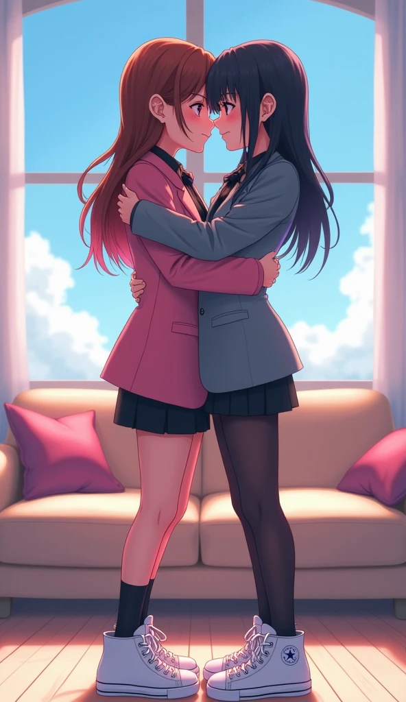 Two girls, long black hairs, yuri
(The first girl wear a pink suit, black shirt, black pencil skirt, black underpants, black tights, white socks, white sneakers high top)
(The second girl wear a grey suit, black shirt, black pencil skirt, black underpants, black tights, white socks, white sneakers high top)
hugging, smiled, closed eyes, her hand going to under her black skirt, living room, blue sky, novel cartoon, 4K, HD
