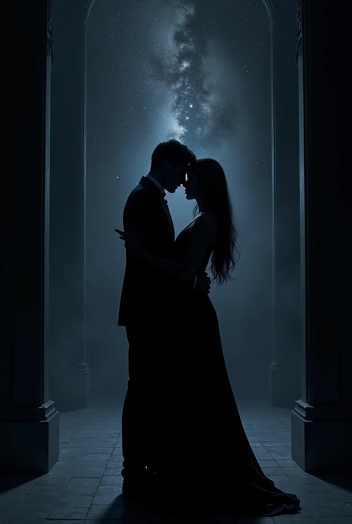 Shadow of silhouettes of man in black suit and woman with long straight hair in long black dress , you can't see their faces, in a very dark room, hugging, in the background the universe