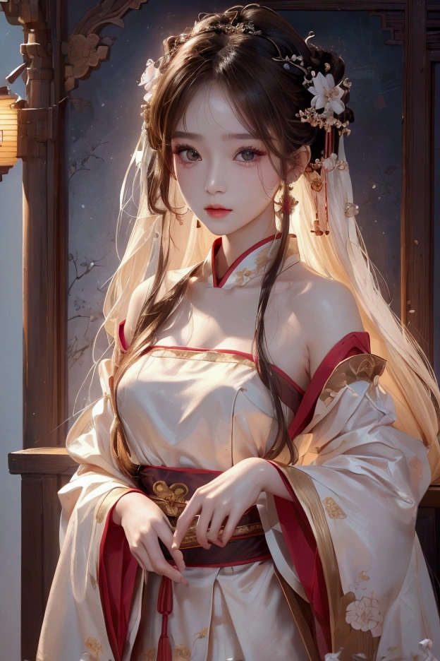 8k, RAW Photos, Highest quality, masterpiece: 1.2), (Realistic, Photo Realistic: 1.4), {{{One girl}}},, Depth of written boundary, whole body, Cinema Lighting, Asian Girl, Beautiful Faces, Beautiful body, sweating, , Depth of written boundary, skin, ear, Pale skin, Highest quality, masterpiece, figure, Very disciplely and beautiful, Very detailed,CG,Unity,8k wallpaper,wonderful,In detail,Master,Highest quality,Official Art,Very detailed CG Unity 8k wallpaper,Ridiculous,incredibly Ridiculous,Large file size, Very redundant, High resolution, Very redundant, Beautiful detailed girl, Very detailed目と顔, Beautiful attention to detail, Light on the face, (Hanfu: 1.1), One girl、Small breasts