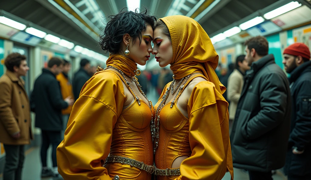 sexual footage of two petting non-binary androgynous transvestite crossdressing queer transgender male shemales who are petting with each other lecherous in Berlin subway, clothing with nubs and buffers, corset, apron, vested smock, pleated cuffs, perforated eyemask, holed hijab slick, transparent slick gloves, flowery holed latex rococo green teal mask, high-gloss perforated satin leggings, latex diaper, silky leather shorts, liquid-lacquered pantyhose leggings, shiny bandana, belted mouth black glossy mask, shiny skirt leggings covered, high gloss legging trouser skirt pockets, knob-front, button placket, jezebel high-collar wearing multi-layered high gloss clothing perforated, fluffy eyebrows insanely thick, ballerina glamour, ((beautiful perverted, sensual romper)), holed latex trouser, brown wide belt, printed rose hips, bow style glossy flowered headscarf fully covered, silky romper, flowery khimar satin floral hijab veils blouse tunic, very long sleeved latex clothing, floral mouth purple brown mask, shiny flowery satin gothic latex orange red mask with knobs, wearing teal yellow mustard colored holed perforated layered shiny vest-blouse from top to bottom with knee length shiny boots and a floral latex leggings over the pleated romper with shiny long tunic-blouse and pockets, tripple belt brown purple, floral satin high collared long sleeve blouse with buttons and knobs, high-necked liquid-lacquered high collared long leg romper, glossy-satin coat, ((floral sunglasses)), very high collared blouse made of satin and PU faux glossy-satin with shiny floral face golden pink mask and pockets, so much floral satin high collared romper with button placket, long open button-front blouse hanging, satin high collar, satin gloves, plissee pleated glossy longskirt with knobs, slick long trousers, buttoned slick skirt, pockets, knobs, a lot of bows, flowery satin khimar knobbed, floral latex and glossy-satin khimar long buttoned, (sunglasses), eye cover, blindfold