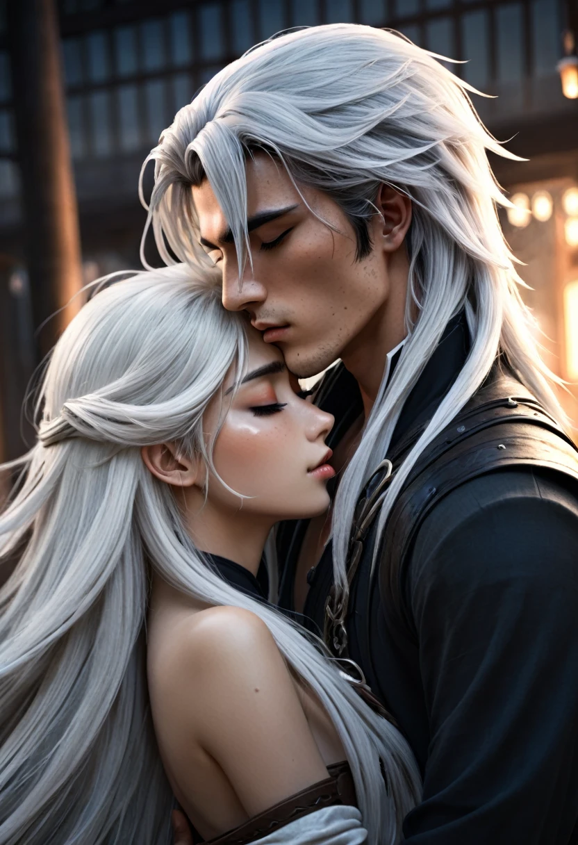 full faraway view, Stunning dark fantasy 25 year old anime male assassin, with long black hair freckled skin, intimately kissing, a 25 year old male anime druid, handsome, with long white hair, eyes closed, facial expressions of lust, Dark fantasy romantic semirealistic manga comic style. Volumetric and dynamic lighting. Hyperdetailed photorealistic hyperrealistic