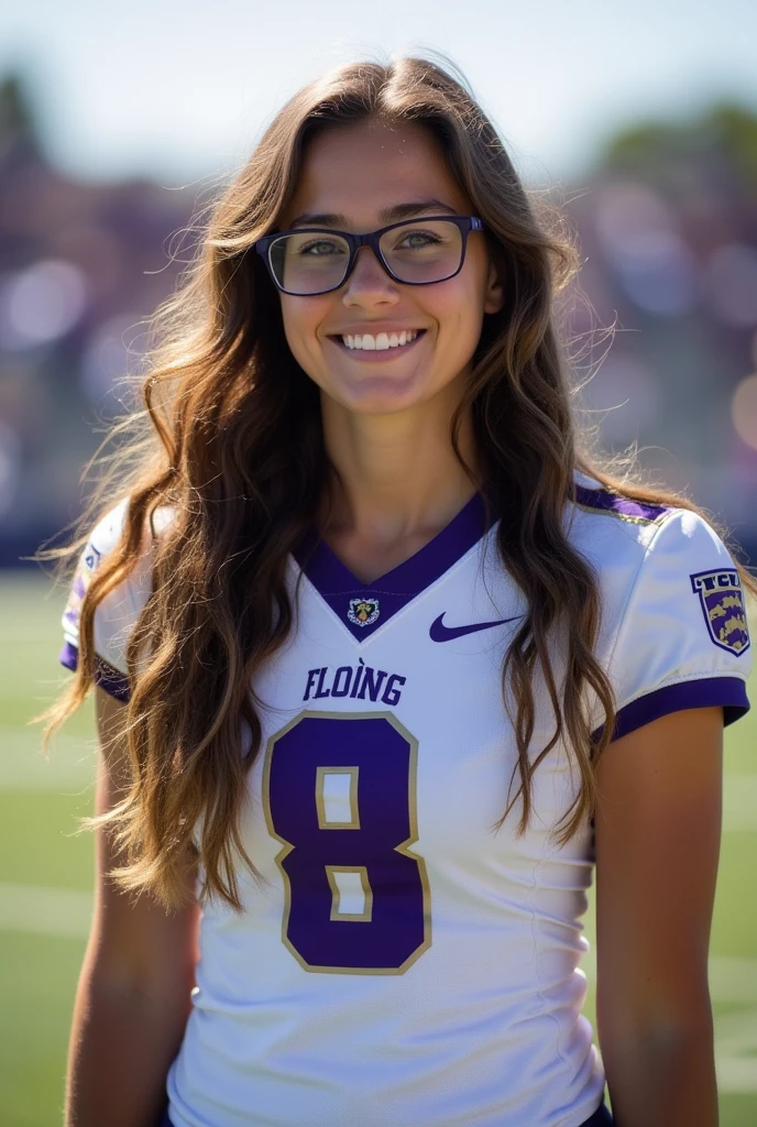 A photo of Emily Goldsmith, a kicker for the female TCU Horned Frogs football team. Number 8. Brown wavy hair and glasses