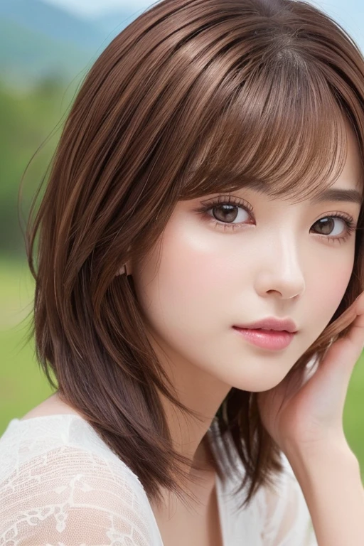 High-quality, ultra-realistic portraits。(She has a long face、It has a long vertical profile)。((The eyes are round at the corners、The corners of the eyes are long and narrow.、The nose is high and well-defined.、The tip is rounded。The lips are sharp both above and below.、The mountain has a clear shape))。The skin is transparent、Has a healthy glow。((Medium Hair、Brown Hair:1.6))。Makeup is natural、Thinly applied to enhance the skin&#39;s natural beauty。The lighting is soft and natural.、Accentuating facial features、Does not emphasize shadows。The background is simple and has a blurred gradient.、Focus on the face。