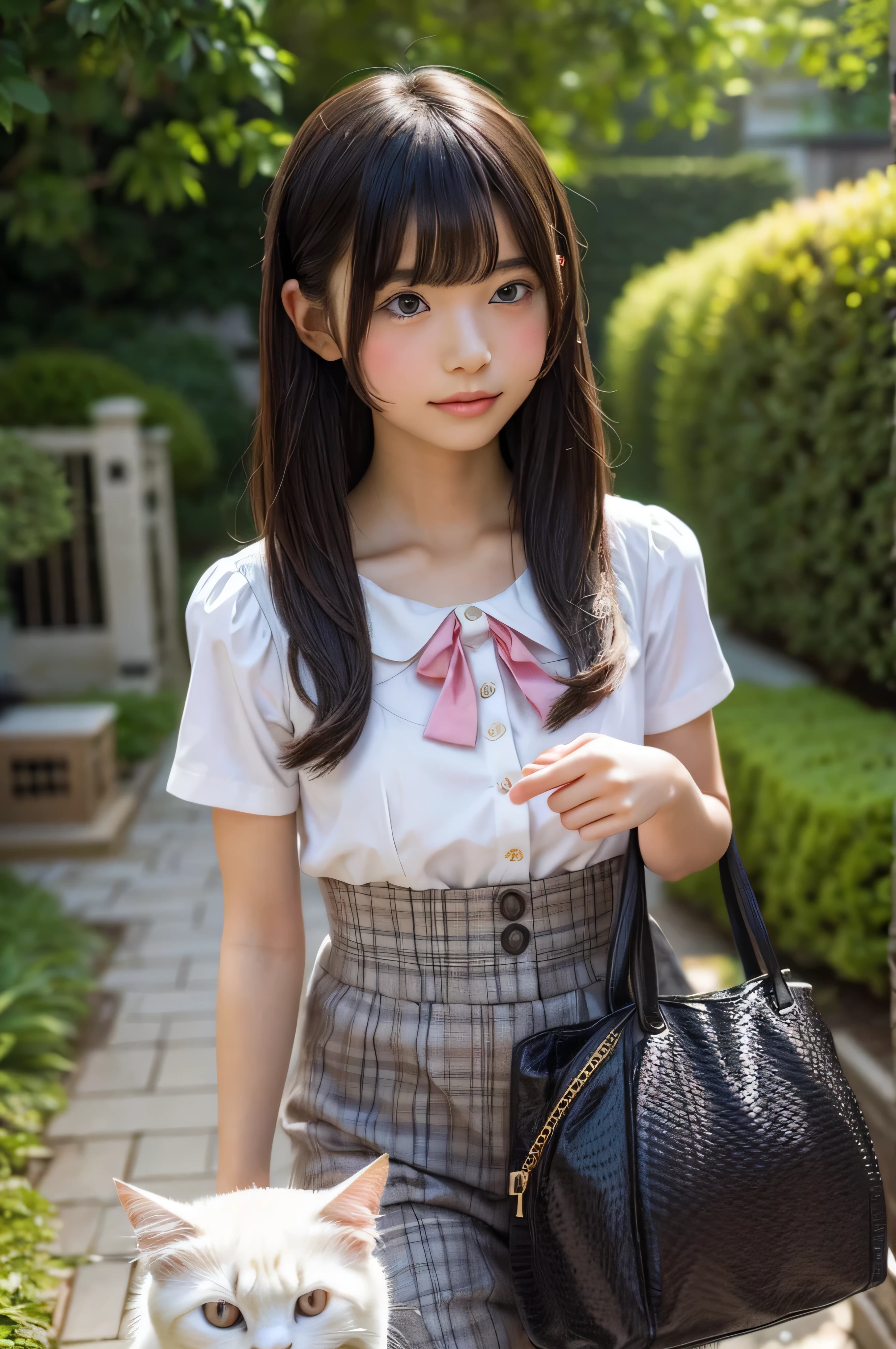 masterpiece、(top-quality:1.32), nffsw、( 超A high resolution: 1.3), (CG Unity 8k wallpapers:1.2), (Detailed eyes and skin:1.35), (detailed facial features:1.25), (Detailed eyes:1.36), precise and perfect human body structure, (Textured skin: 1.26), (Photorealistic Raw Photos: 1.27), award - winning photo, Depth of Picture, Shading by sunlight、
drooing eyes, long eyeslashes, bags under eyes, brown haired, thick bangs, curlyhair、shinny hair、Happy smiling face、Japanese ido、
Pupils、University、校服、Sailor collar、Bobby Socks、pleatedskirt、