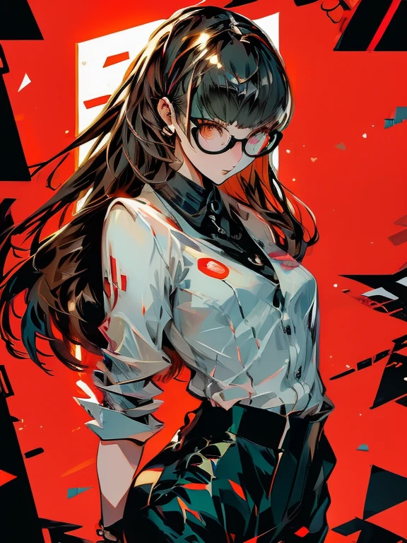 ((chibi)), big head, focus face, in the art style of persona5, (masterpiece:1.2, highest quality), (Realistic, photoRealistic:1.4), Beautiful illustrations, (Natural Side Lighting, Cinema Lighting), Written boundary depth, Beautiful thighs staring at the viewer, 1 female, 20-year-old, alone, thin, slender, (small breasts), long Hair, straight Hair, Forehead, Forehead, Forehead, Forehead, thin, slender, glasses, ((Skinny black pants, collared shirt)), Are standing, (((glasses))), ((Close-up)), ((Close-up)), ((Close-up))