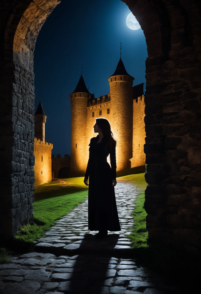 1 woman silhouette in front of ancient castle walls, european medieval architecture, backlit by bright moonlight, mysterious atmosphere, professional camera, professional lighting, cinematic, dramatic, high contrast, chiaroscuro, dark fantasy, moody, atmospheric