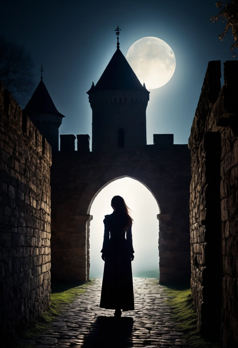 1 woman silhouette in front of ancient castle walls, european medieval architecture, backlit by bright moonlight, mysterious atmosphere, professional camera, professional lighting, cinematic, dramatic, high contrast, chiaroscuro, dark fantasy, moody, atmospheric