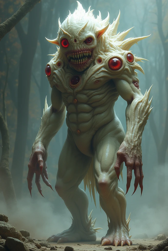 His appearance was still humanoid, but he was now over two meters (6'7") tall.
His nose had disappeared, leaving only two slits on his face and his mouth was full of several rows of shark-like teeth. Faluel immediately recognized the Emperor Beast known as Tyrannical Eye, or just as Tyrant.
his skin became snow-white, with only one big red eye in the middle of his forehead, another eye the size of a football appeared on his chest, and two more on his shoulders.