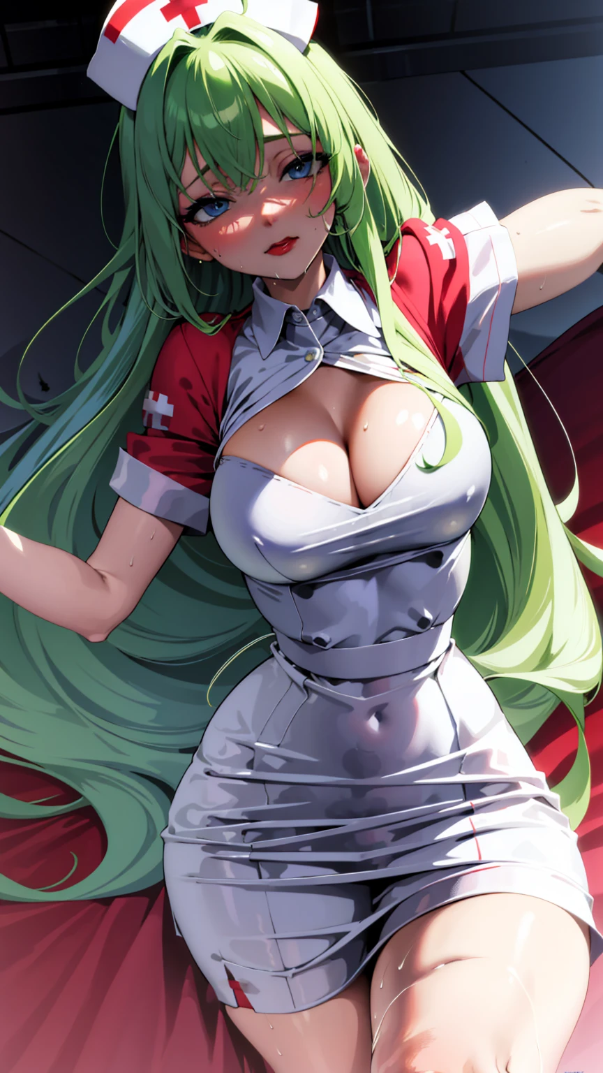 nurse outfit, sweaty cleavage, long green hair, blue eyes