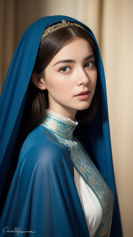Beautiful ultra-thin realistic portrait of the Virgin Mary, Grace Kelly, Wearing a blue veil and cloak over a red tunic , ((Divinity)), whole body, With arms outstretched, I look down gently, Biblical, Realistic, Intricate details, Abbott Fuller Graves, Bartolomé Esteban Murillo, Jc Leyendecker, Craig Mullins, Peter Paul Rubens, (Caravaggio), Art Station Trends, 8k, Concept Art, Fantasy art, Realistic, Realistic, figure, oil, Surrealism, 超Realisticな, Brush Brush, Digital Art, style, watercolor