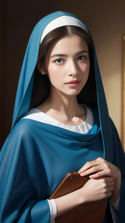 Beautiful ultra-thin realistic portrait of the Virgin Mary, Grace Kelly, Wearing a blue veil and cloak over a red tunic , ((Divinity)), whole body, With arms outstretched, I look down gently, Biblical, Realistic, Intricate details, Abbott Fuller Graves, Bartolomé Esteban Murillo, Jc Leyendecker, Craig Mullins, Peter Paul Rubens, (Caravaggio), Art Station Trends, 8k, Concept Art, Fantasy art, Realistic, Realistic, figure, oil, Surrealism, 超Realisticな, Brush Brush, Digital Art, style, watercolor