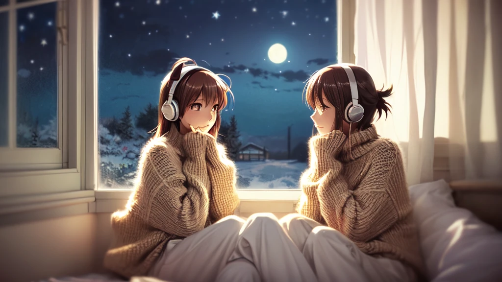 Detailed anime girls, Wearing a large sweater, Wearing headband headphones, praise, quiet, Quiet atmosphere, cold, Looking out the window in the bedroom, night, quiet night, Cat, masterpiece, Highest quality