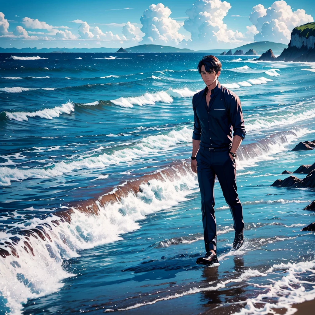 A handsome man in a shirt, walking on a wet beach shore at a distance, looking at the viewer, set against a blue beautiful sky. The sky and clouds are reflected on the wet shore. The man is centered with the focus on the expansive and fantastical landscape, reminiscent of a cinematic scene. Bright, and vibrant colors. Background has trees and cliffs.