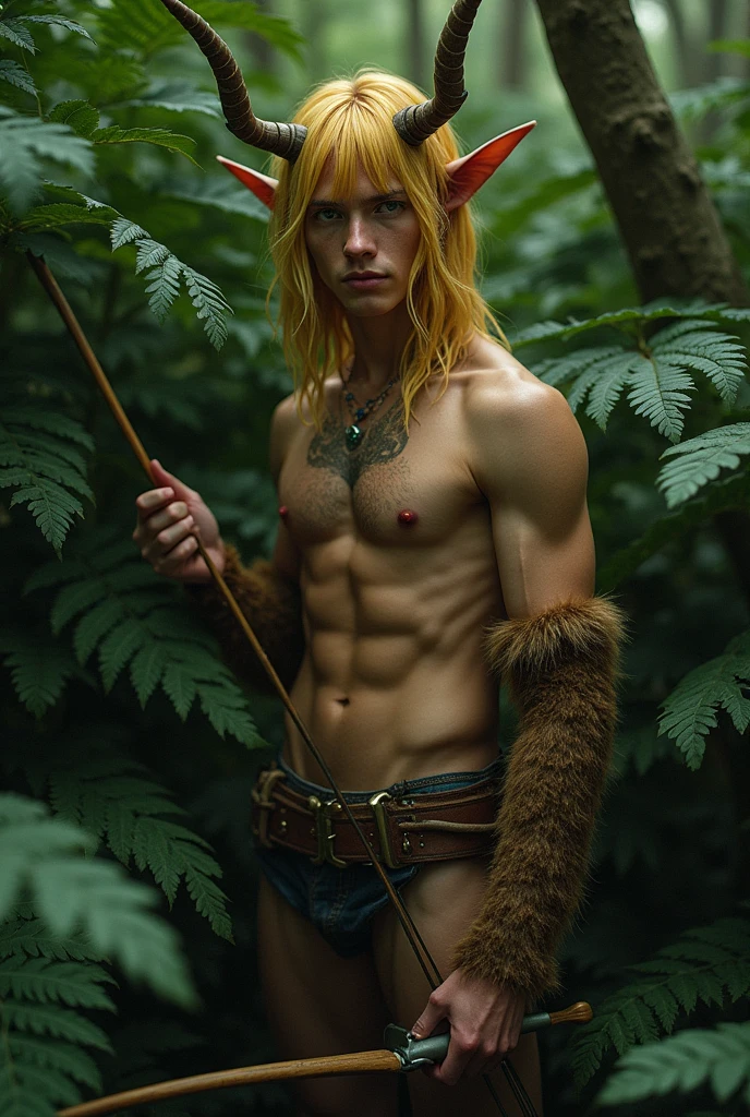 photorealism. A satyr lurked in the thick, dark thickets of fern leaves.. The satyr has waist-length yellow hair and a side bang. Very small horns. His legs are always completely covered with brown fur and always have hooves.. The satyr has a bare torso with a heart tattoo on his chest. Skin color tanned. The satyr's appearance is Korean. He's a handsome guy. He shoots an arrow from a bow from the fern thickets, A kind jaguar next to him. And this ager has the appearance of a faun.