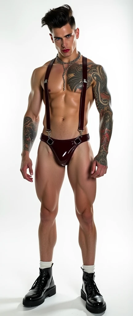 Fullbody standing picture of white skin Handsome muscular horny nude sexy gay man wearing sexy shiny latex maroon harness, shiny black Disconnected Pompadour oiled hair style, blue eyes, shiny varnished vinyl shoes, red lip, chain, tattoos, horny, cum shot, sperm, milking penis, very big penis, very big testicle, shiny oiled skin, orgasm, oversexed, masturbation, standing at white lighting room.