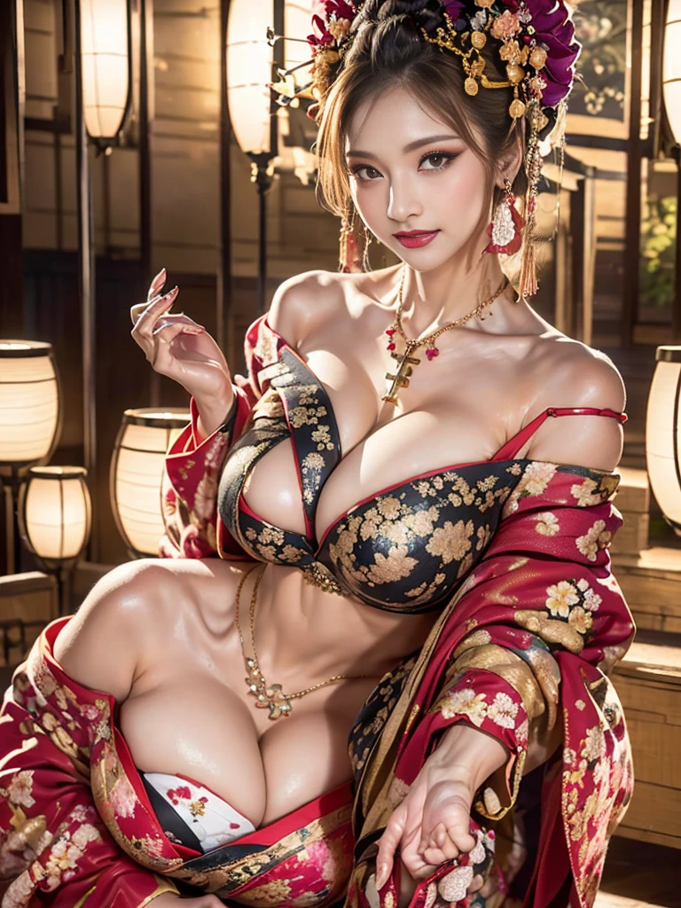 Realistic:1.8、Highest quality、1 girl、20-year-old,From below,Cloudy fluid discharges all over the body,Glowing Skin、Low Twintails、Big Breasts 、Professional Lighting,Photorealistic、Perfect body、super high quality、Ultra-high Realistic image quality、Japanese、(Off-the-shoulder short length floral pattern kimono:1.6)、(Huge breasts:1.7)、(Cleavage:1.5)、Tight waist、(blonde:1.3)、(Blurred Background)、(Grin)、(Gal-style dark shadow eyeliner:1.4)、(Long False Eyelashes:1.2)、(Gal-style makeup:1.2)、Gal-style earrings、Gal style bracelet、(Gal Style Cross Charm Necklace、Triple Necklace:1.3)、(Sexy pose:1.3)、(((nsfw)))、Beauty