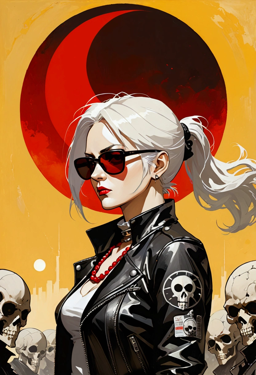masterpiece, (best quality:1.2),(Ashley Wood Style:1.2),(Nick Vicesi Style:0.6), (Clear focus:1.2),Mature female,White hair,Ponytail, Black Gothic Leather Jacket, sunglasses, Red necklace, stocking, Death Stare, Solar eclipse background, Simple golden background